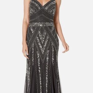 MARINA Black Beaded V-Neck Prom Gown